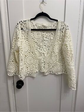Openwork Crochet Cardigan Sweater - Cream